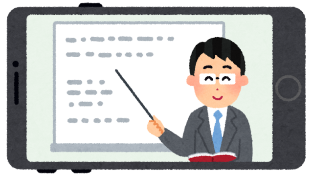 Person in a suit giving an online lesson on a tablet, pointing at a whiteboard with a teaching pointer.
