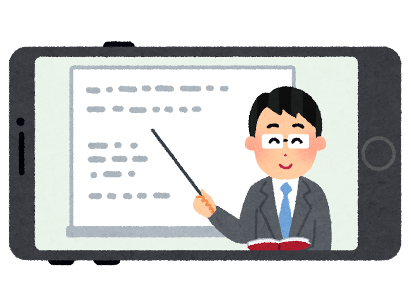 Person in a suit giving an online lesson on a tablet, pointing at a whiteboard with a teaching pointer.