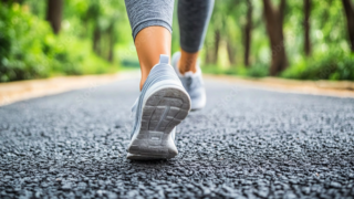 Close-up of a person wearing gray running shoes walking on a paved park path with greenery around.