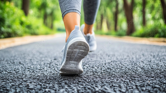 Close-up of a person wearing gray running shoes walking on a paved park path with greenery around.