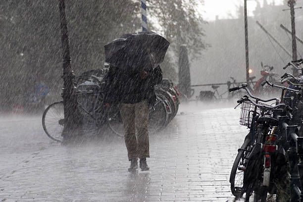 Person walking with a large umbrella through heavy rain on a wet city street, bicycles parked along the curb.